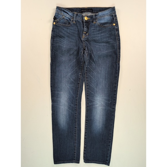 Rock & Republic Denim - Rock & Republic Berlin Dark Wash Straight Leg Jeans Gold Logo Pockets Size 6